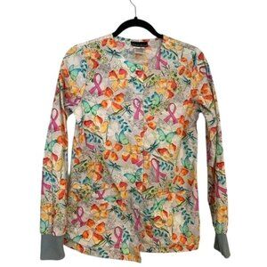 Cherokee Womens XS Floral & Pink Ribbon Print Scrub Top 97% Cotton